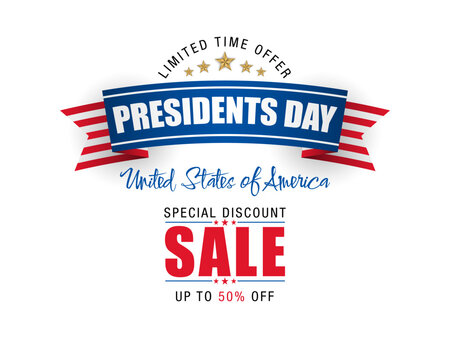Holidays, design, background with handwriting texts and national flag colors for American Presidents Day, sales and commercial event; Vector illustration.