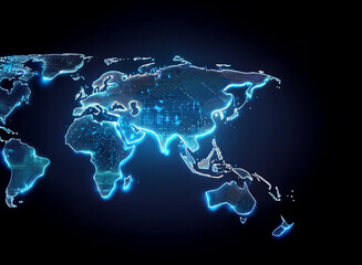 Poster - Glowing blue lines trace a world map, highlighting global connectivity and technological advancement.  A futuristic representation of the interconnected world.