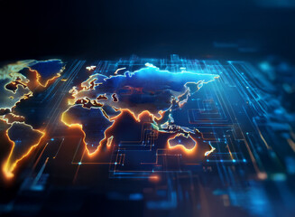 Poster - A glowing world map is depicted on a digital circuit board, symbolizing global connectivity and technological advancement.  The image uses vibrant blue and orange hues to illustrate the interconnected