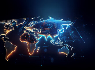 Poster - A glowing world map etched onto a circuit board, symbolizing global digital connectivity and technological advancement.  The vibrant blue and orange hues emphasize the intricate network.