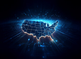 Fototapete - A glowing, digital map of the United States, radiating energy and connectivity, symbolizes national network and technological advancement.