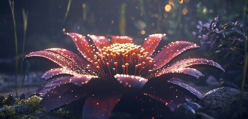 Sticker - Glowing red flower in dark forest.