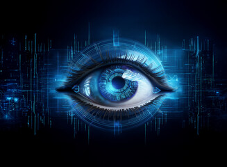 Aufkleber - A stylized blue eye, gleaming with digital circuitry, is centrally positioned against a dark background of technological patterns.  The image evokes themes of surveillance, data, and artificial intell