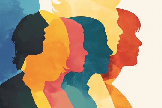 Colorful female profiles on a light background suggest diversity and unity