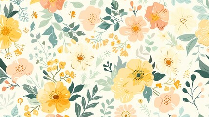 Poster - A seamless pattern of pastel flowers and leaves on a cream background.