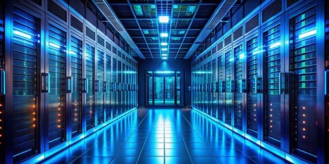 Poster - Low Light Server Room Corridor: Blue Data Processing Units Blinking - Stock Photo