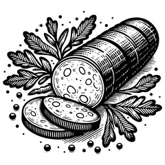 Wall Mural - sliced salami engraving sketch vector illustration
