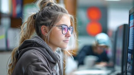 Poster - This student deeply engaged in her work on a computer in a serene environment.