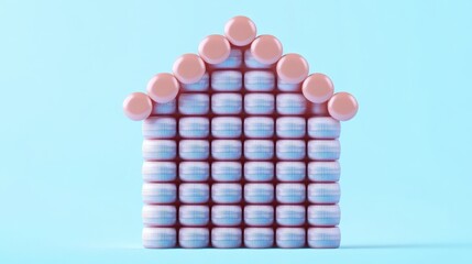 Poster - A vibrant, stylized house shape created from colorful blocks against a light blue background.