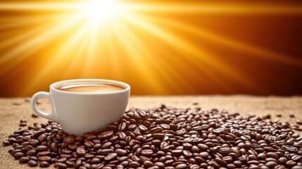 Wall Mural - A steaming cup of coffee sits atop a mound of roasted coffee beans with sunlight streaming in