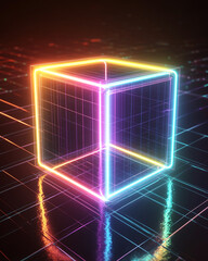 Poster - Neon glowing cube on a reflective surface in a futuristic digital grid background
