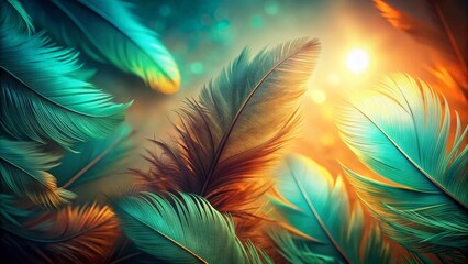 Poster - Lush Green Turquoise Feather Texture Background with Orange Light - Abstract Nature Stock Photo