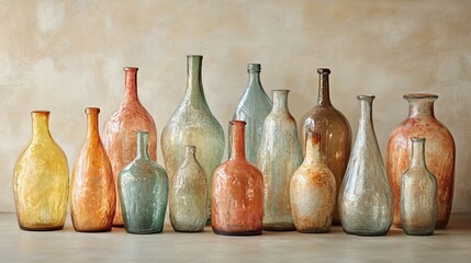 Poster - Colorful collection of hand-blown glass vases arranged artistically on a neutral background. Generative AI