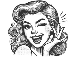 Wall Mural - woman winking engraving sketch vector illustration