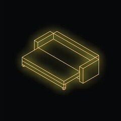 Poster - Glowing yellow neon sofa isometric view on black background, suitable for interior design, furniture store, and home decor concepts