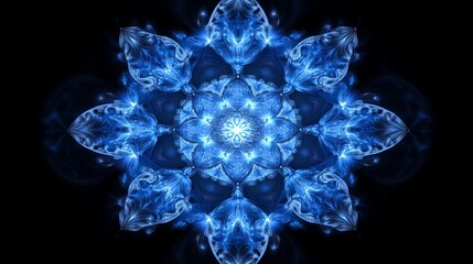 Poster - Intricate blue mandala design with swirling patterns illuminated against a black background. Generative AI