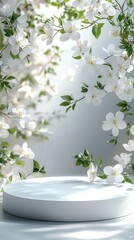 Aufkleber - Delicate white flowers and vibrant green leaves gracefully surround a smooth, round podium, creating a serene spring atmosphere filled with natural beauty and elegance
