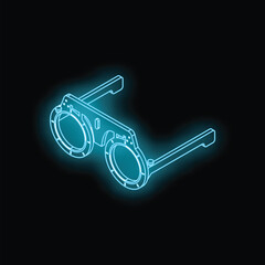 Poster - neon blue isometric glasses icon glowing on dark background representing augmented reality technolog