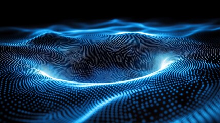 Fototapete - Vibrant blue waves with glowing dots create a mesmerizing digital landscape in a dark environment. Generative AI