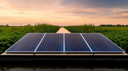 modern sustainable floating solar farm at sunset, surrounded by lush greenery and water. this innova