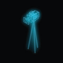 Poster - Neon blue outline of a video camera on a tripod is recording against a black background