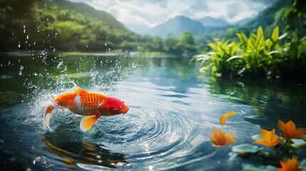 Poster - Vibrant koi fish splashing in a tranquil pond surrounded by lush greenery and flowers