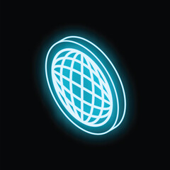 Poster - glowing blue neon isometric cryptocurrency physical coin on a black background