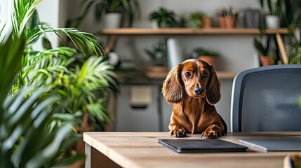Poster - A sober home office setup with ergonomic furniture, plants, and a friendly Dachshund adding warmth to the environment