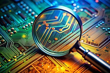 Poster - Macro Photography: Magnifying Glass Reveals Upward Trend on Circuit Board
