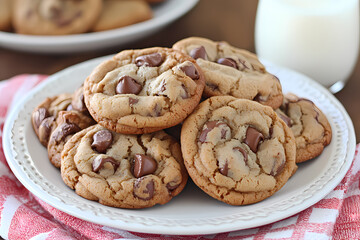 A plate of homemade chocolate chip cookies with a glass of milk, symbolizing nostalgia and sweetness