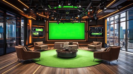 Poster - a virtual tv studio layout with a vibrant green screen background and advanced 3d elements for produ