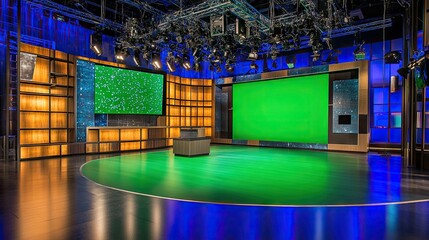 Poster - a virtual tv studio layout with a vibrant green screen background and advanced 3d elements for produ