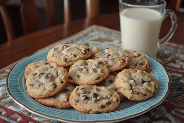 A plate of homemade chocolate chip cookies with a glass of milk, symbolizing nostalgia and sweetness