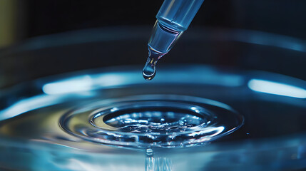 Poster - Abstract Blue Liquid Drop Falling into Water Creating Ripples Stunning Closeup Macro Photography Science Experiment Water Drop Droplet Pipette Glass Texture Background   