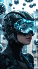 Wall Mural - astronaut wearing sleek helmet standing near floating spheres, revealing cosmic landscape and futuri