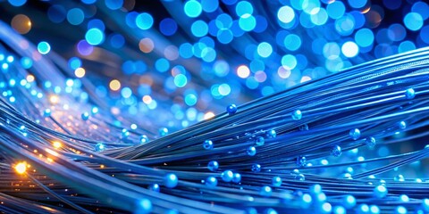 Poster - Macro Shot: Blue Fiber Optic Network Connection, Glowing Technology Web