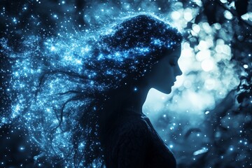 Poster - Woman with glowing hair gazes into the cosmos in a mystical forest at night