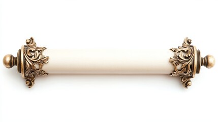 Ornate golden-handled scroll resting horizontally, pristine white surface accentuating minimalist vintage design with refined elegance