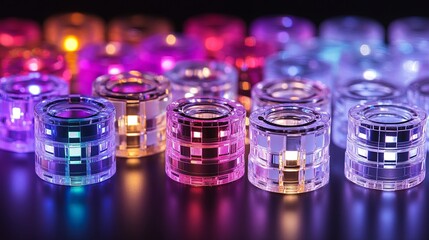 Poster - Colorful glowing glass pieces arranged beautifully on a dark surface reflecting vibrant hues of light in a creative display. Generative AI