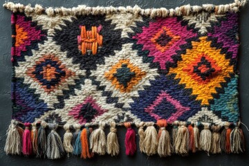 Poster - Colorful woven textile with geometric patterns and decorative fringe hanging on a dark surface