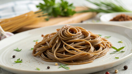 Handmade brown rice noodles served on plate, garnished with herbs and spices, showcasing delicious meal