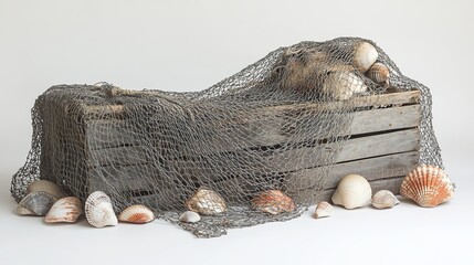 Poster - Coastal decor arrangement featuring wooden box, seashells, and fishing net on light background. Generative AI