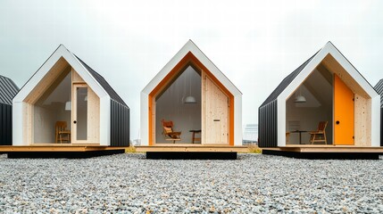 Fototapete - Tiny House Trio: Three modern, minimalist tiny houses stand in a row on a gravel surface, each with unique door and window designs, offering a glimpse into simple, sustainable living. 