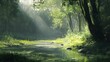 © fledermausstudio - Sunlit Forest Stream  Lush Greenery  Tranquil Nature Scene