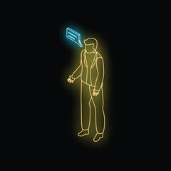 Poster - neon businessman talking with speech bubble, communication and business concept, isometric view