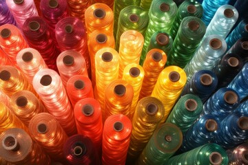 Poster - Colorful spools of thread arranged beautifully in a craft workshop showcasing sewing supplies