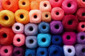 Poster - Beautiful arrangement of colorful yarn spools in vibrant shades for crafting and knitting activities