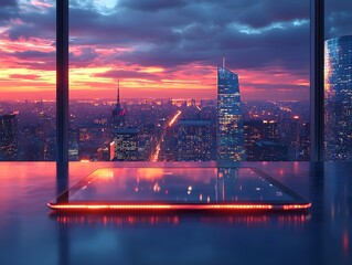Poster - glowing tablet overlooking bustling city skyline from corporate office