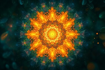 Poster - Vibrant floral mandala design with orange hues and intricate patterns on a dark background