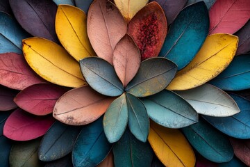 Aufkleber - Colorful arrangement of dried leaves showcasing vibrant hues and intricate patterns in a decorative display